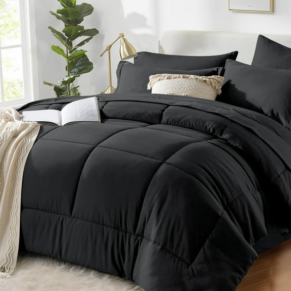 Flymme Black Comforter Set Queen Size Bed in a Bag 7 Pieces All Season Bed Sets for Queen Bed Soft Microfiber Complete Bedding Sets