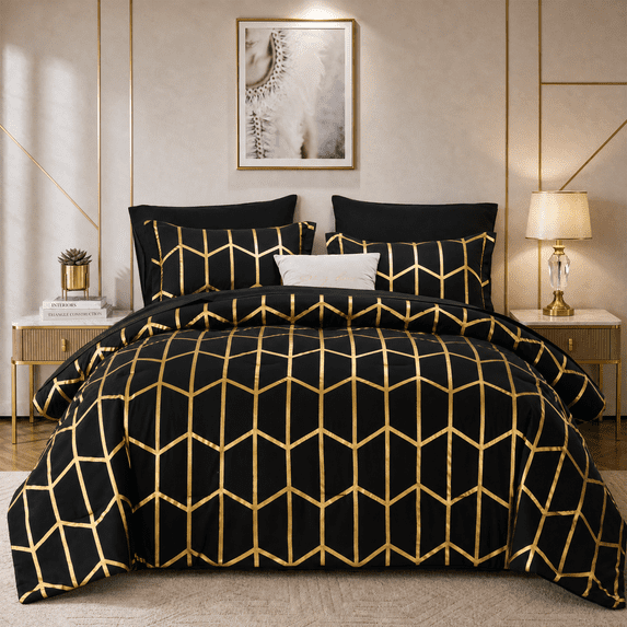 Flymme Black Gold Comforter Set Queen Size 7 Pieces Bed in a Bag Hexagon Comforter Set with Sheets Luxury Geometric Bedding Sets for Adults Teens