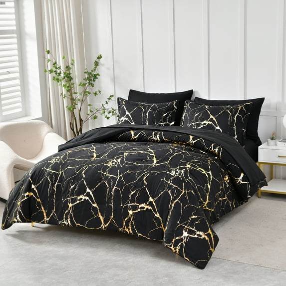 Flymme Black Marble Comforter Sets Queen Size Bed in a Bag 7 Pieces Modern Gold Marble Texture Bedding Comforter Set with Sheets for All Season