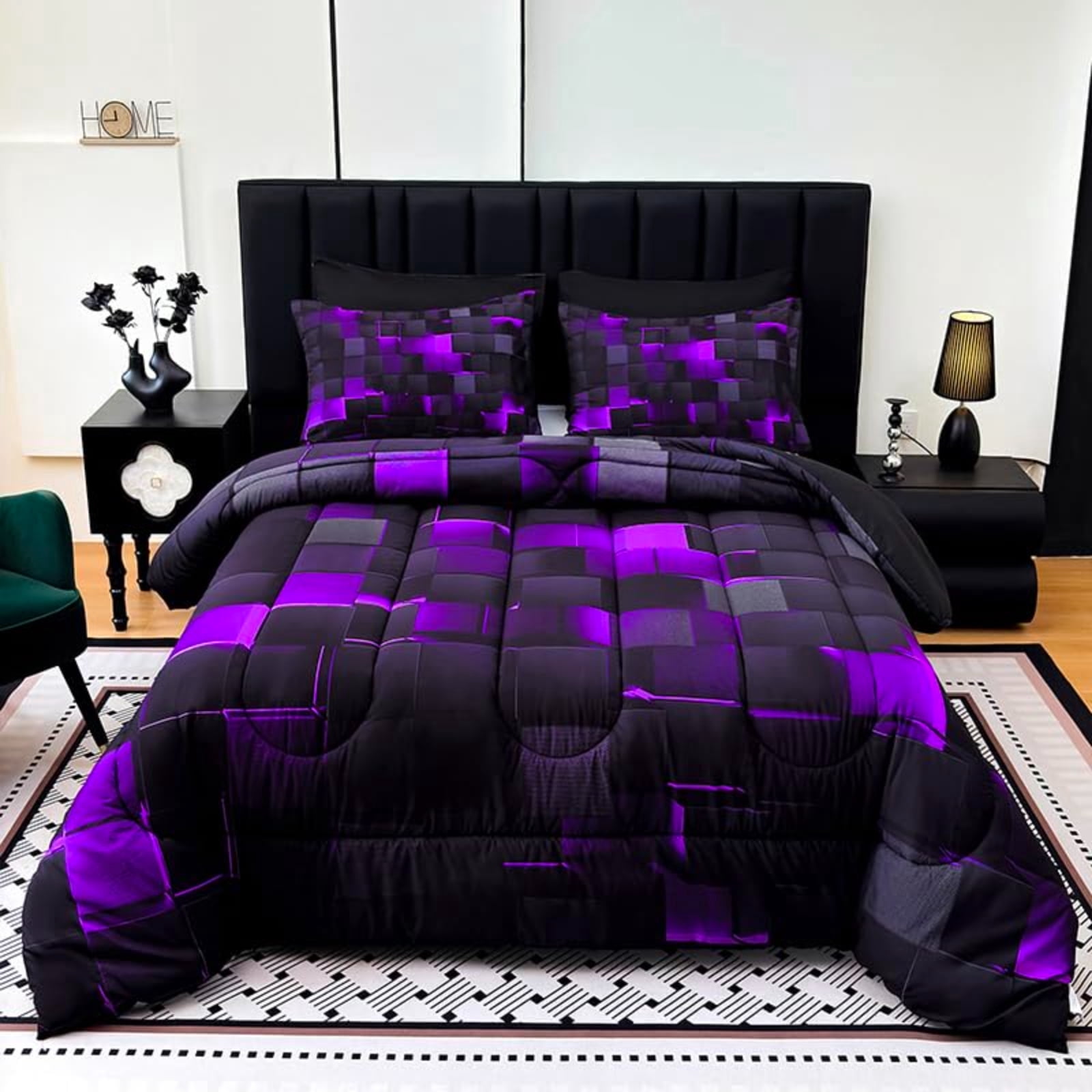 Flymme Black and Purple Comforter Set King Size,3 Piece Modern Neon Geometric Checkered Bedding Abstract Square Plaid Bed Set for Teen Men Gamer Room Decor