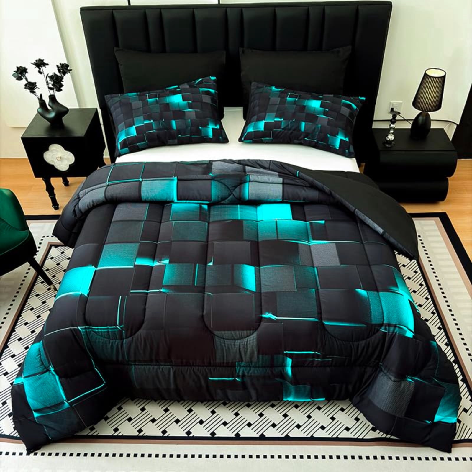 Flymme Black and Teal Comforter Set King Size,3 Piece Modern Neon Geometric Checkered Bedding Abstract Square Plaid Bed Set for Teen Men Gamer Room Decor