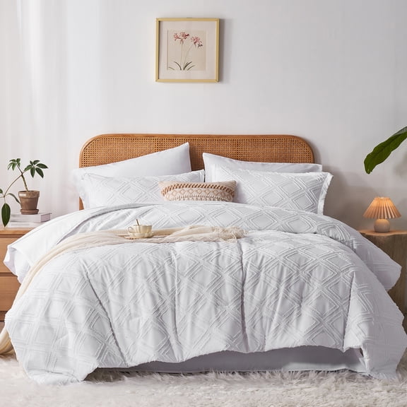 Flymme Boho Bedding White Queen Size Comforter Sets Bed in Bag 7 Pieces Embroidery Shabby Chic Bedding Sets with Comforter, Sheets, Pillowcases & Shams