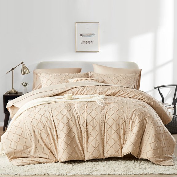 Flymme Boho Comforter Set King Size Bed in a Bag 7 Pieces Shabby Chic Bedding Farmhouse Soft Microfiber Khaki Bed Set for All Seasons