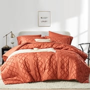 Flymme Boho Comforter Set King Size Bed in a Bag 7 Pieces Shabby Chic Bedding Farmhouse Soft Microfiber Orange Bed Set for All Seasons
