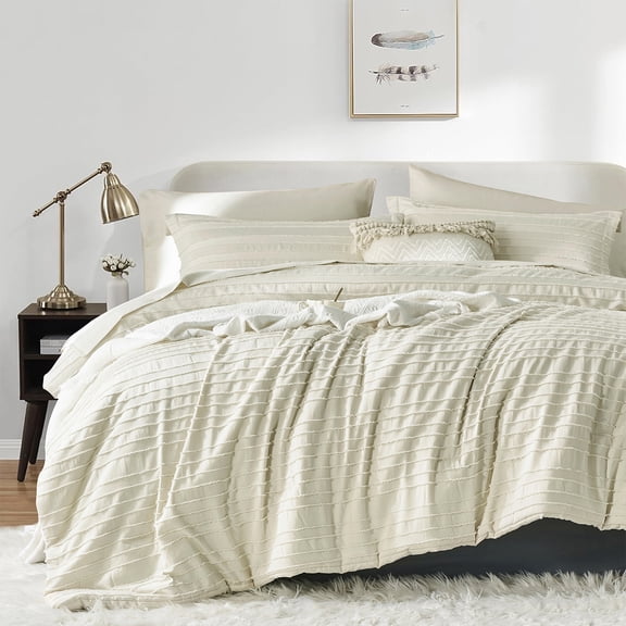 Flymme Boho Comforter Set Queen Size Beige Tufted Striped Bed Sets 7 Pieces Bed in a Bag Farmhouse Jacquard Bedding for All Seasons
