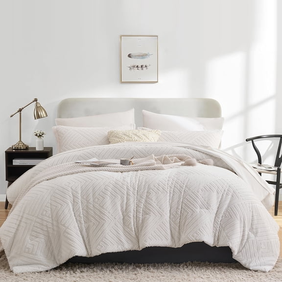 Flymme Boho Comforter Sets King Size Bed in a Bag 7 Pieces White Bedding Shabby Chic Farmhouse Comforter Set with Sheets for All Season