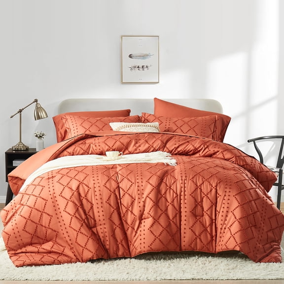 Flymme Burnt Orange Comforter Set Queen Size 7 Pieces Bed in a Bag Shabby Chic Bedding Farmhouse Soft Microfiber Boho Bed Set for All Season
