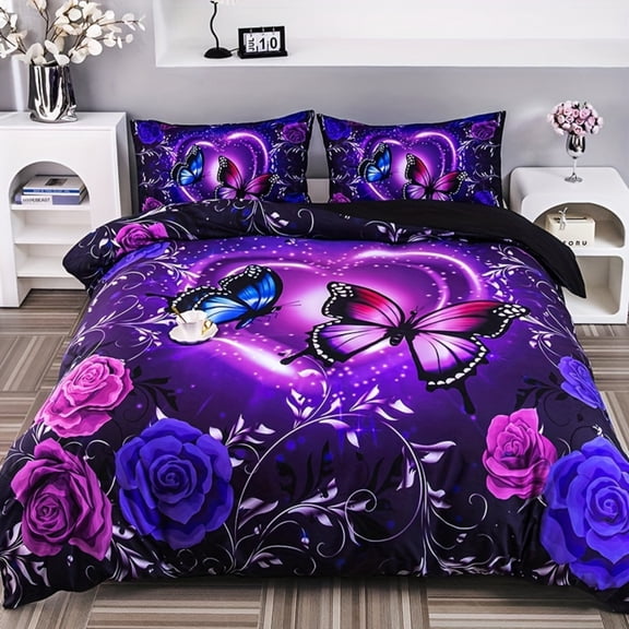 Flymme Butterfly Duvet Cover Set Queen Size,3 Pieces Dreamy Purple Butterfly Bedding Set for Women Bedroom Decor Romantic Comforter Cover with Pillowcases