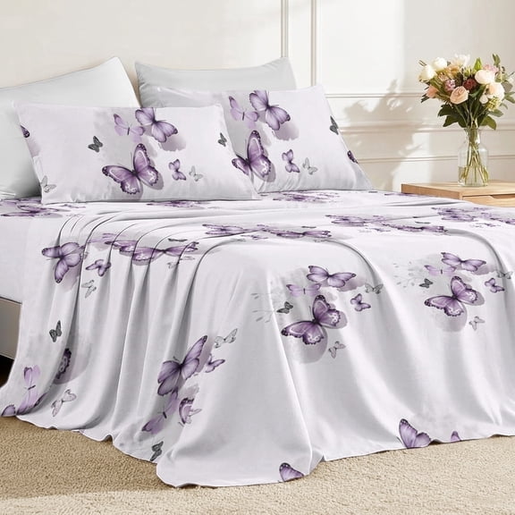 Flymme Butterfly Sheet Set for Queen Bed,4 Piece Romantic Purple Bed Sheets, Soft Breathable Microfiber Sheets with Deep Pocket,Non-Slip Fitted Sheets & Pillowcases