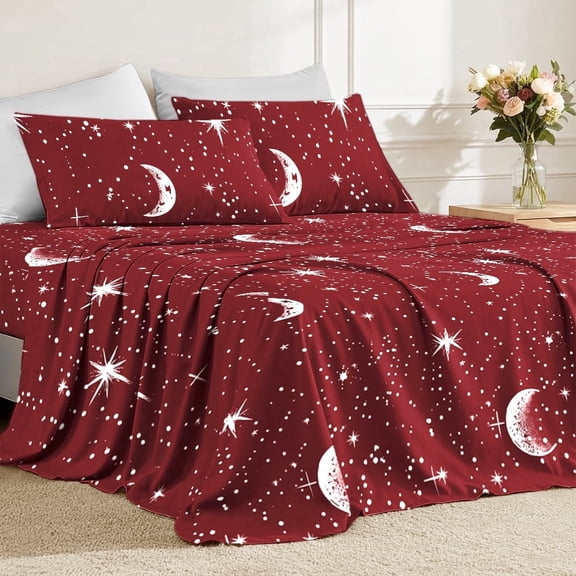 Flymme Celestial Sheet Set Queen Size, Comfy Breathable Bed Sheets Set Red, Moon & Star Pattern Bedding Sets for Women, Men Bedroom Decor