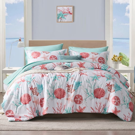 Flymme Coastal Bedding Comforter Set King Bed in a Bag Pink 7 Pieces Beach Themed Comforter Set with Sheets Complete Ocean Bedding Sets for All Season
