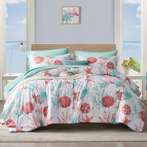 Flymme Coastal Bedding Comforter Set Queen Bed in a Bag Pink 7 Pieces Beach Themed Comforter Set with Sheets Complete Ocean Bedding Sets for All Season