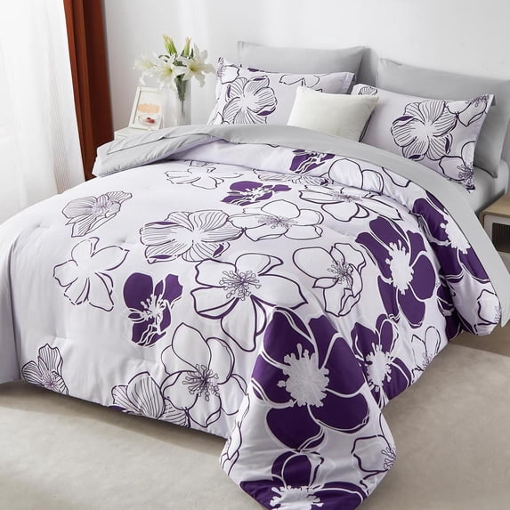Flymme Comforter Set King Size,7 Pieces Bed in a Bag Purple Floral Comforter and Sheet Set,Soft Microfiber Complete Bedding Sets for All Seasons