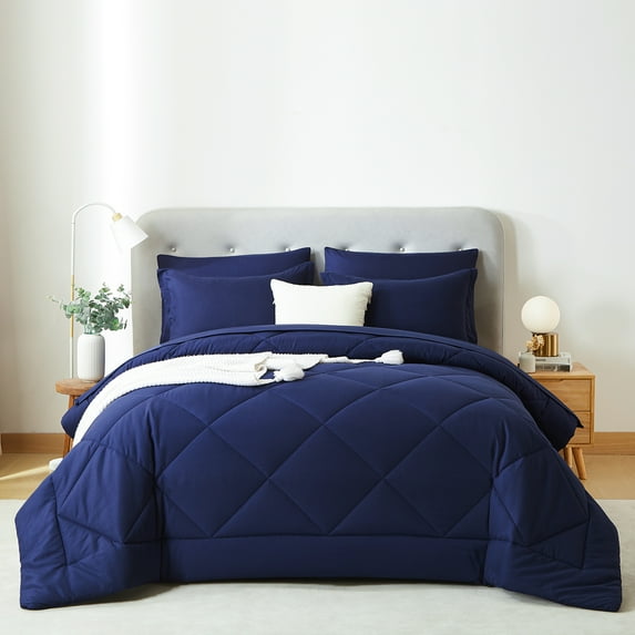 Flymme Dark Blue Comforter Set with Sheet,7 Pieces Bed in a Bag Queen Size Bed Set Soft Microfiber Complete Bedding Sets for All Season