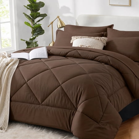 Flymme Dark Brown Comforter Set King Size,7 Pieces Bed in a Bag King Bed Set Soft Microfiber Modern Diamond Quilted Complete Bedding Sets for Bedroom