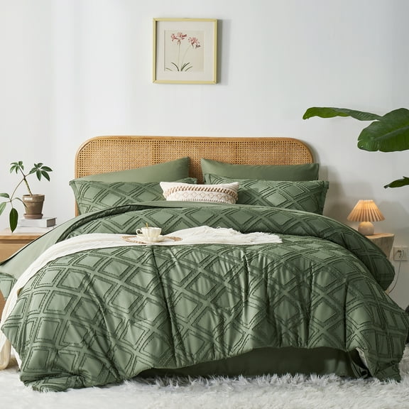 Flymme Dark Green Comforter Queen Size Bed in a Bag 7 Pieces Boho Bedding Comforter Set with Sheets Embroidery Shabby Chic Bed Sets for Bedroom