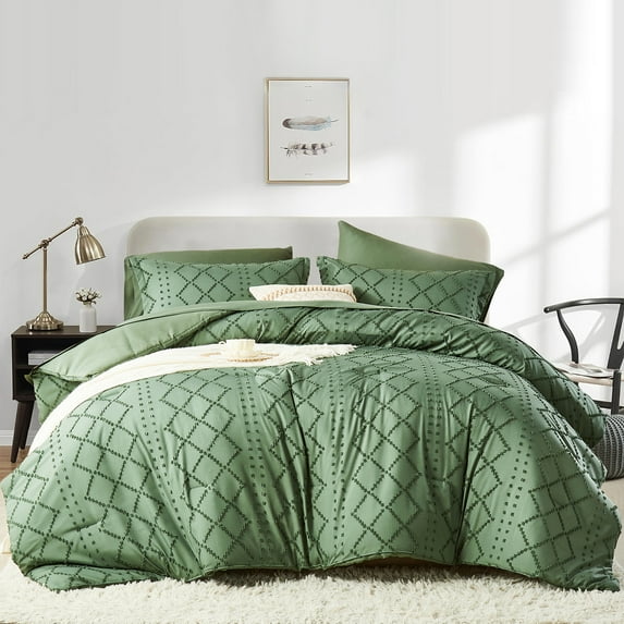 Flymme Dark Green Comforter Set Queen Size 7 Pieces Bed in a Bag Shabby Chic Bedding Farmhouse Soft Microfiber Boho Bed Set for All Season