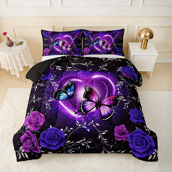 Flymme Dreamy Butterfly Comforter Set for Girls and Women,2 Pieces Bed in a Bag Twin Size Purple Bedding Sets for Bedroom Decor