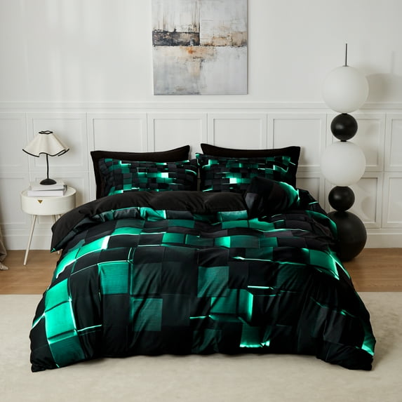 Flymme Duvet Cover Twin Size 2 Pieces Green Bedding Duvet Cover Set with Pillowcase Geometric Comforter Cover with Zipper Closure Bedroom Decor