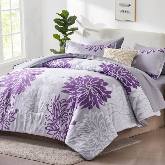 Flymme Floral Comforter Set Queen Size 7 Piece Bed in a Bag Queen Bed Sets Purple Flowers Comforter Sets with Sheets for Girls Women Bedroom Decor