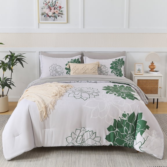 Flymme Floral Comforter Set Queen Size,7 Pieces Bed in a Bag Green Flower Print on Gray Bedding Set,Botanical Comforter Set with Sheets for Bedroom Decor