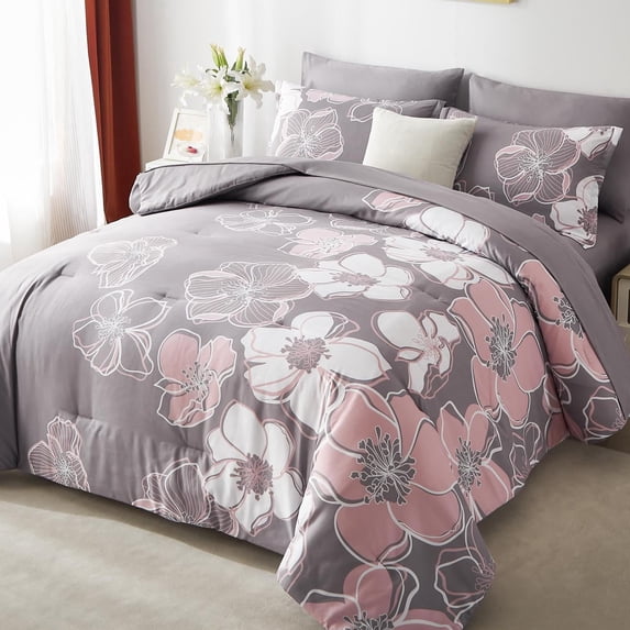 Flymme Floral Comforter Sets King Size 7 Pieces Pink Bed in a Bag Microfiber Complete Bedding Sets for Man Women Bedroom Decor