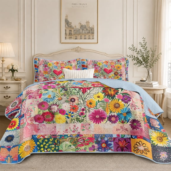 Flymme Floral King Size Quilt Set,3 Pieces Botanical Soft Lightweight Bedspread Quilts for King Bed,Boho Bedding Set for Man Women Bedroom Decor