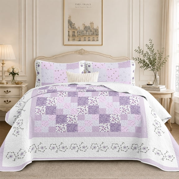 Flymme Floral Patchwork Quilt Set Full/Queen Size,3 Pieces Purple Flower Plaid Bedspread Coverlet Set, Lightweight Soft Microfiber Bed Cover for All Season