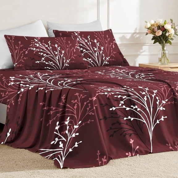Flymme Floral Sheet Set Queen Size Burgundy,4 Pieces Breathable & Cooling Botanical Print Bed Sheets,Luxury Bedding for Women Men, 18" Deep Pockets