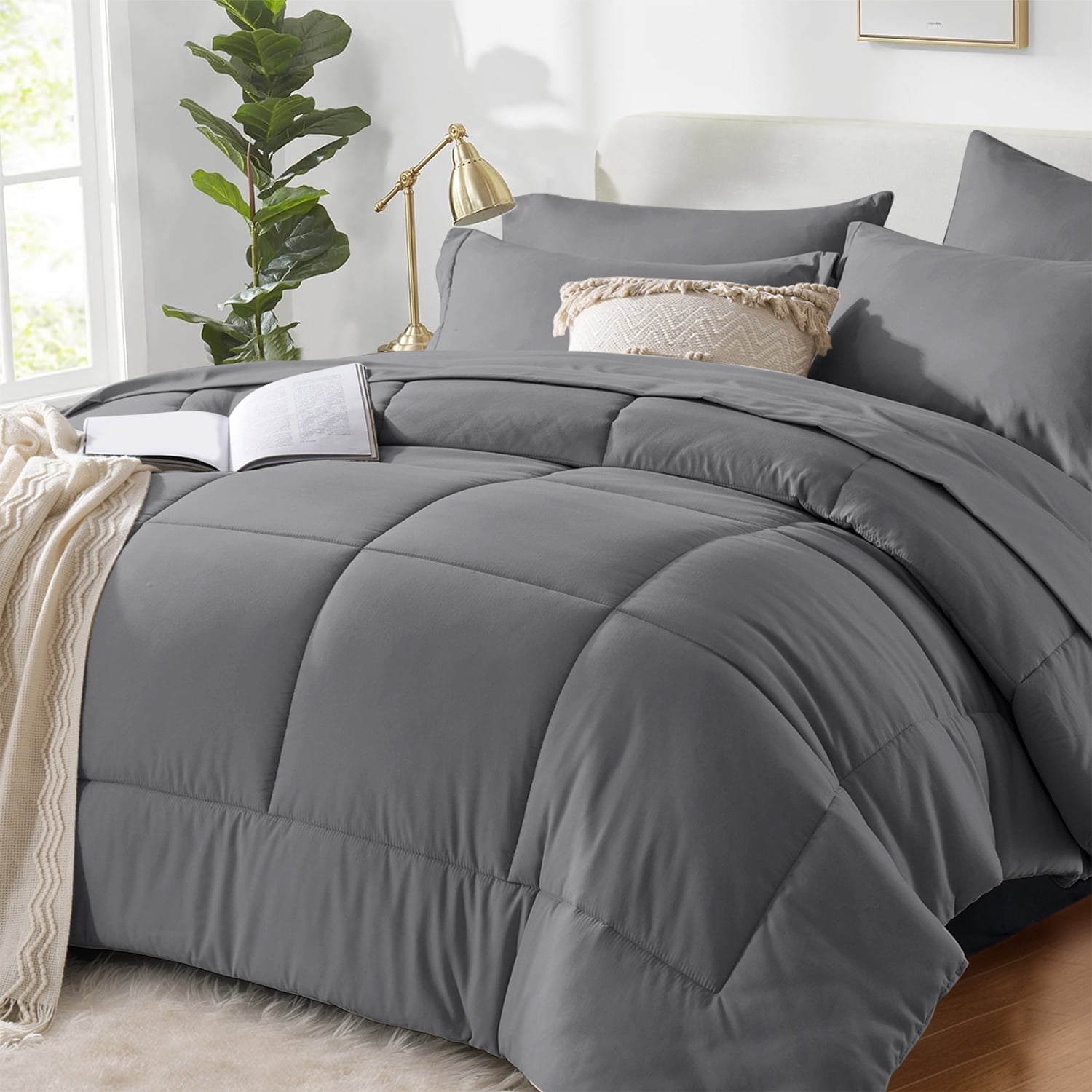 Flymme Full Bed Sets 7 Pieces Dark Grey Comforter Sets with Sheets Modern Soft Microfiber Quilted Warm Complete Bedding for Bedroom Decor