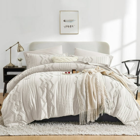 Flymme Full Cream White Comforter Set with Sheet, 7 Pieces Boho Bed in a Bag Full Size Bed Set Simply Shabby Chic Bedding for Bedroom