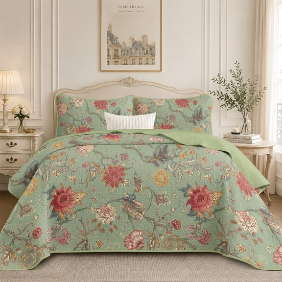 Flymme Full/Queen Size Quilt Bedding Set,Green Lightweight Microfiber Soft Bedspread Vintage Botanical Coverlet Set for All Seasons (1 Quilt,2 Pillow Shams)