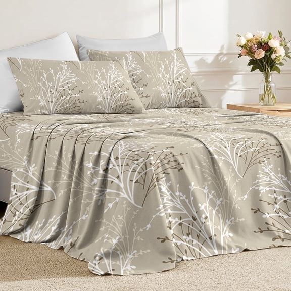 Flymme Full Sheet Set,4 Piece Beige Botanical Floral Bed Sheets Set, Boho Bedding Sheets & Pillowcases Soft Microfiber 16" Extra Deep Pocket Fitted Bedsheet