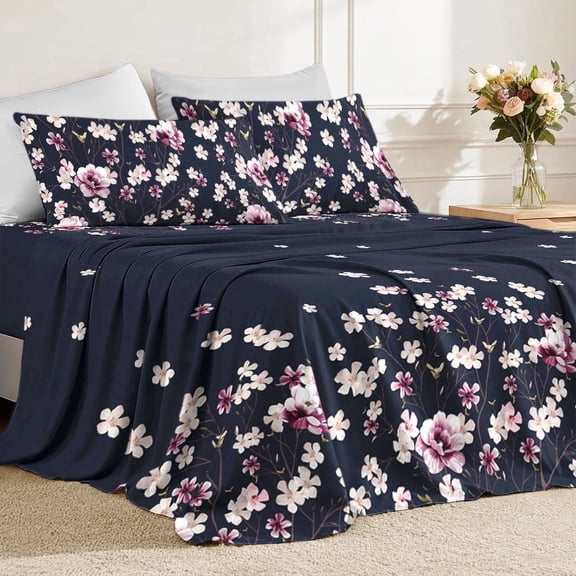 Flymme Full Sheet Set Navy Blue,4 Pieces Watercolor Sakura Floral Print Bed Sheets,Luxury Bedding for Women Men, 16" Deep Pocket Fitted Sheet & Pillowcase Set