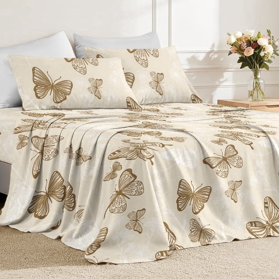 Flymme Full Sheets Set Beige, 4 Piece Gold Butterfly Floral Printed Bed Sheets,Soft Breathable & Cooling Sheets with Deep Pocket, Non-Slip Fitted Sheets & Pillowcases