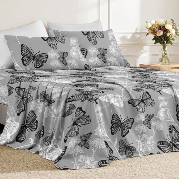 Flymme Full Size Butterfly Sheet Sets, 4 Piece Grey Bed Sheets Full with Deep Pocket,Printed Black & White Floral Printed Bedding for Women Men