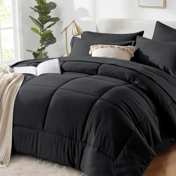 Flymme Full Size Comforter Set Black 7 Pieces Bed in a Bag Full Bedding Sets Modern Soft Microfiber Black Bed Sets for Women Man Bedroom Decor