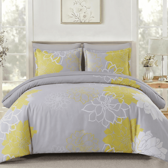 Flymme Full Size Comforter Sets 7 Piece Bed in a Bag Yellow Floral Printed on Gray Comforter Set with Sheets Botanical Complete Bedding Set for All Season