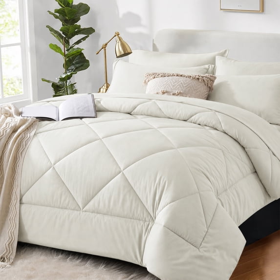 Flymme Full Size Comforter Sets 7 Pieces Bed in a Bag Khaki Bed Set Soft Microfiber Complete Bedding Sets with Stitch Quilted Comforter, Flat Sheet, Fitted Sheet, Pillowcases