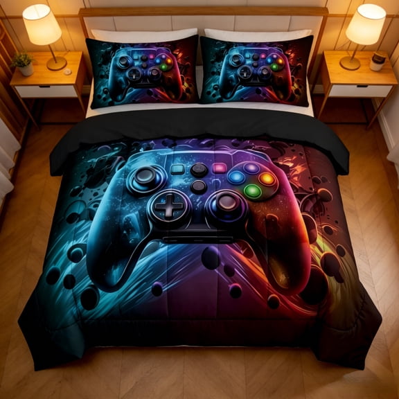 Flymme Gamer Comforter Sets for Teen Boys,3 Pieces Bed in a Bag Queen Size Video Game Controller Gaming Bedding Sets for Bedrooom Decor