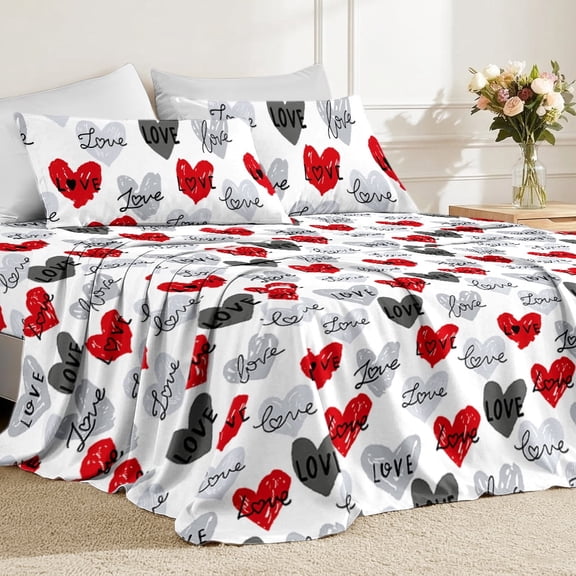 Flymme Girls Sheet Sets Twin Size,3 Piece Hearted Love Pattern Bed Sheet for Kids Teens Bedroom Romantic Decor Red Gray Bedding Set with Pillowcases