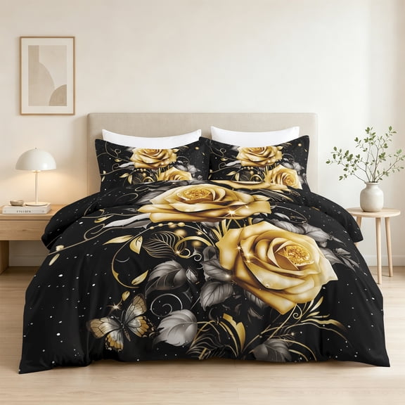 Flymme Gold Rose Duvet Cover Set Twin Size,2 Pieces Butterfly Floral Bedding Set for Women Bedroom Decor Romantic Comforter Cover with Pillowcases