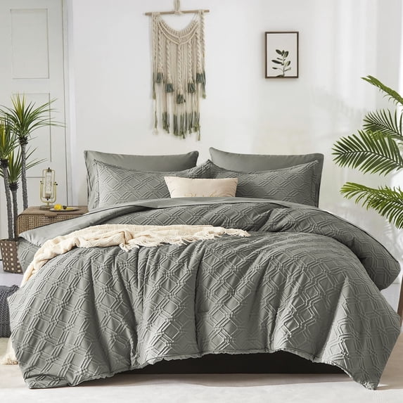 Flymme Gray Comforter Set King Size,7 Pieces Bed in a Bag King Geometric Textured Shabby Chic Complete Bedding Sets with Sheets, Pillowcases & Shams