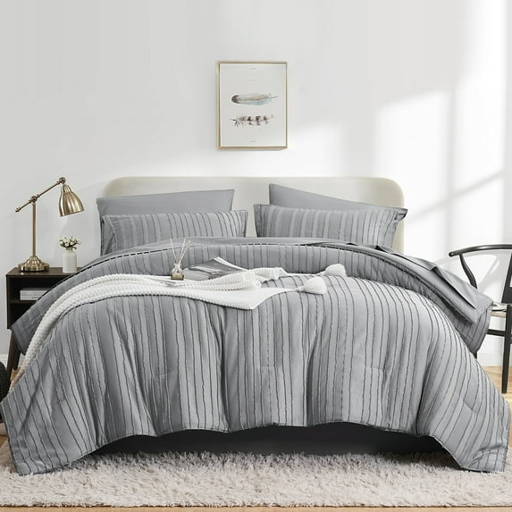 Flymme Gray Stripe Comforter Set King Size, 7 Piece Boho Bed in a Bag King Comforter Sets with Sheets ,Lightweight Shabby Chic Bedding for Bedroom
