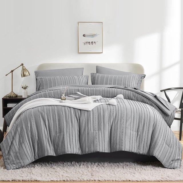 Flymme Gray Stripe Comforter Set King Size, 7 Piece Boho Bed in a Bag King Comforter Sets with Sheets ,Lightweight Shabby Chic Bedding for Bedroom