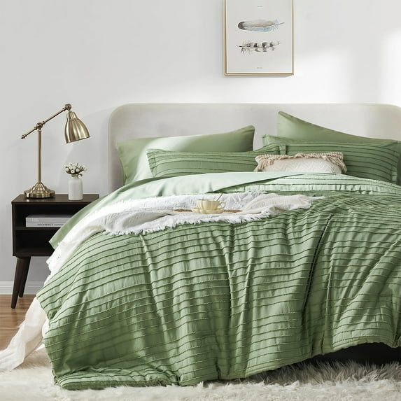 Flymme Green Bedding Comforter Set King Size 7 Pieces Bed in a Bag Boho Striped Comforter Set with Sheets Farmhouse Bed Set for All Season