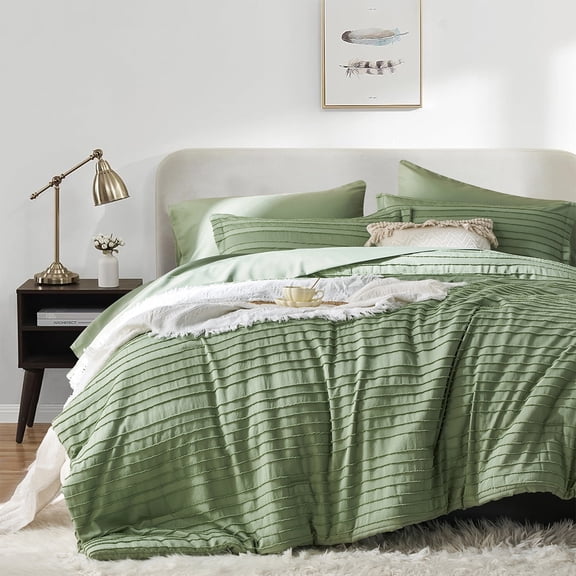 Flymme Green Bedding Comforter Set Queen Size 7 Pieces Bed in a Bag Boho Striped Comforter Set with Sheets Farmhouse Bed Set for Home Decor