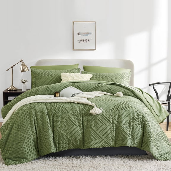 Flymme Green Comforter Set Queen Size 7 Pieces Bed in a Bag Boho Bedding Shabby Chic Farmhouse Comforter Set with Sheets for All Season