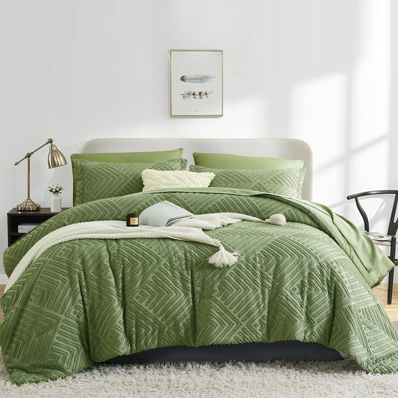 Flymme Green Comforter Set Queen Size 7 Pieces Bed in a Bag Boho Bedding Shabby Chic Farmhouse Comforter Set with Sheets for All Season