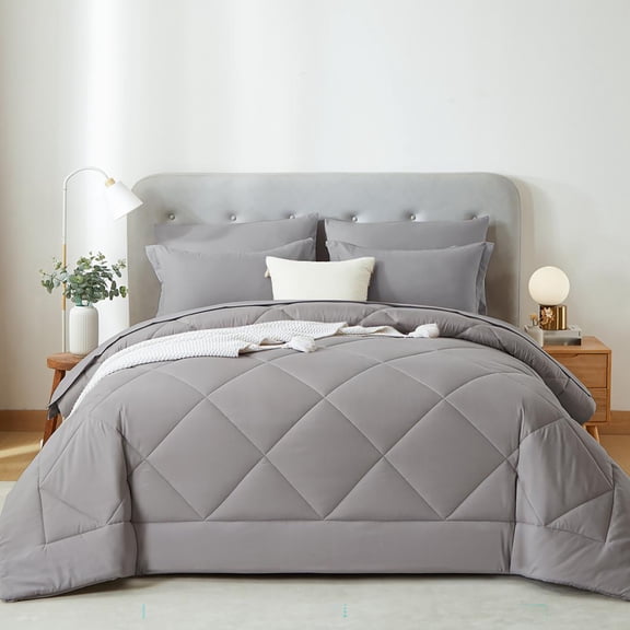 Flymme Grey Comforter Set King Size,7 Pieces Bed in a Bag King Bed Set Soft Microfiber Modern Diamond Quilted Complete Bedding Sets for All Season
